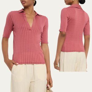 Vince Ribbed Polo Knit Top in Mauve Pink